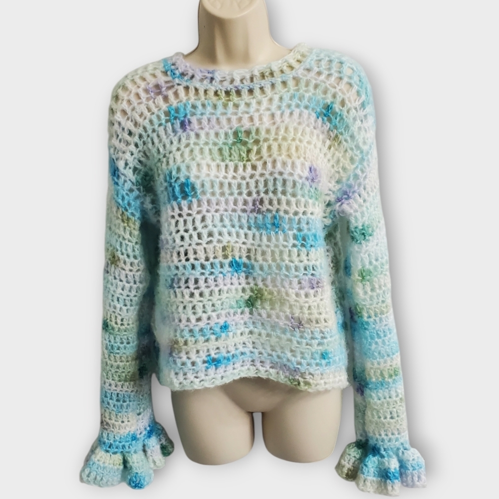 Handmade Crochet Oversized Mesh Ruffle Sleeve Sweater